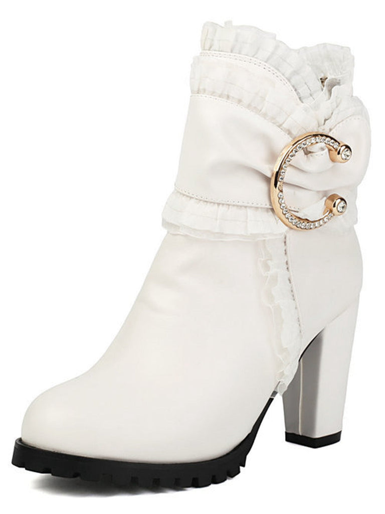 PU Leder Spitze-Getrimmt Chunky Ferse Knöchel Stiefel