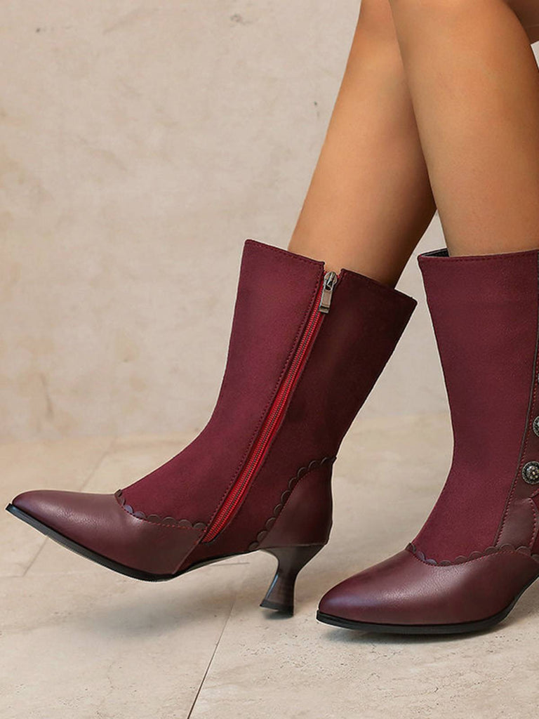 Vintage Leder Wildleder Taste Halbhoher Wade Stiefel