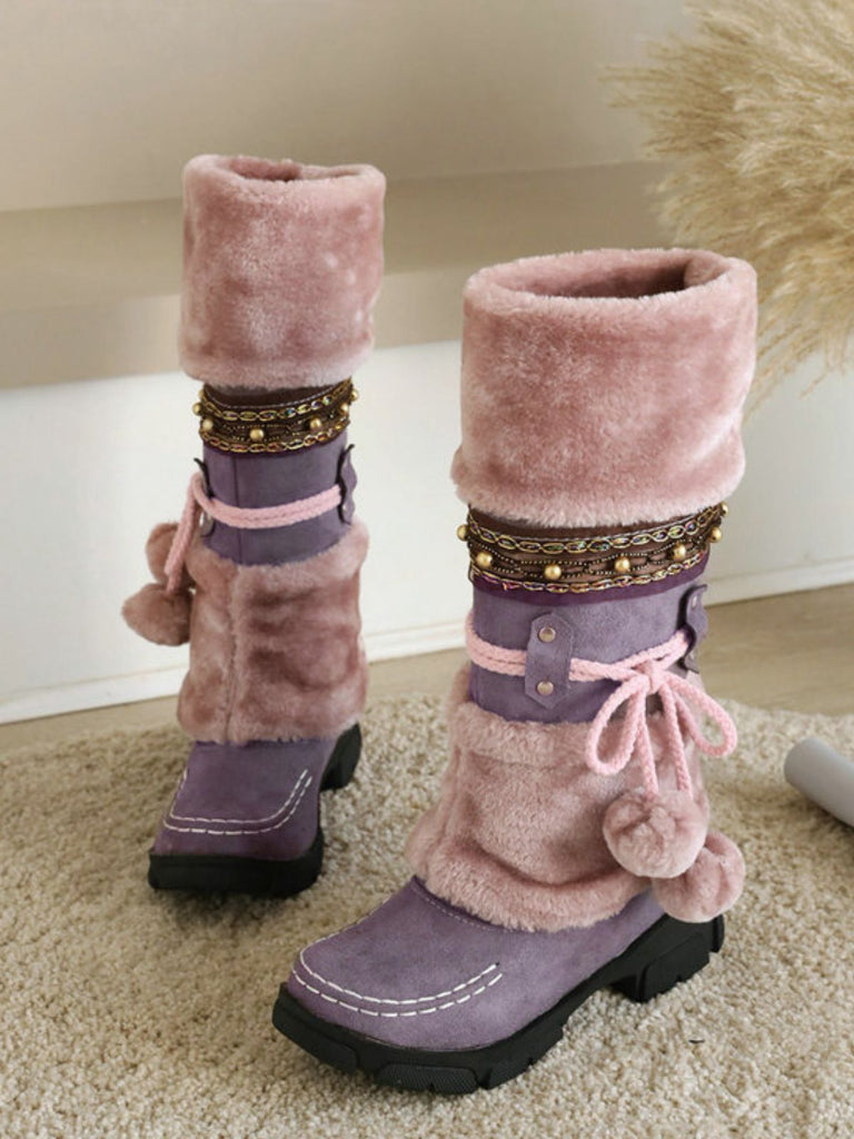 Vintage Kunstpelz Bommel Winter Schnee Stiefel