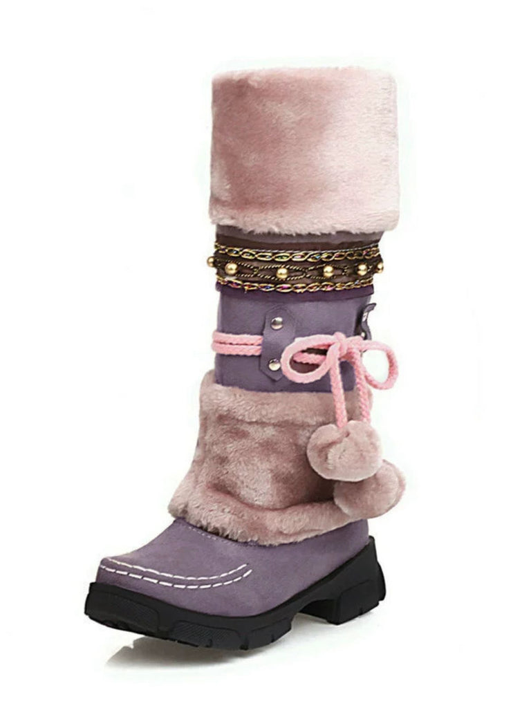 Vintage Kunstpelz Bommel Winter Schnee Stiefel