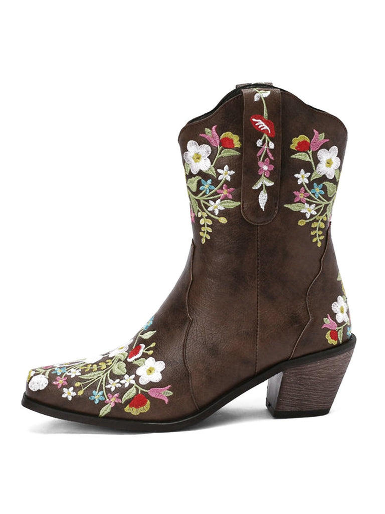 Vintage Spitze Besticktes Blumen Blockabsatz Stiefel