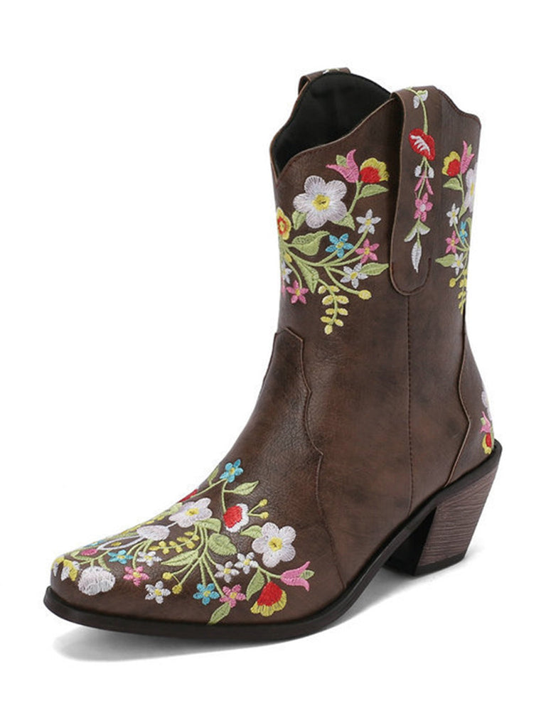 Vintage Spitze Besticktes Blumen Blockabsatz Stiefel