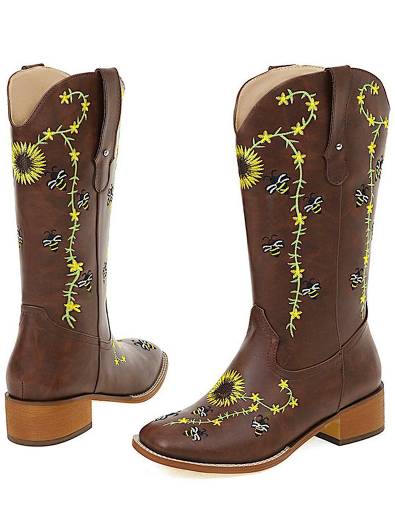 Braun Sonnenblume Besticktes Western Cowgirl Wadenstiefel