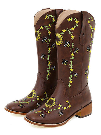 Braun Sonnenblume Besticktes Western Cowgirl Wadenstiefel