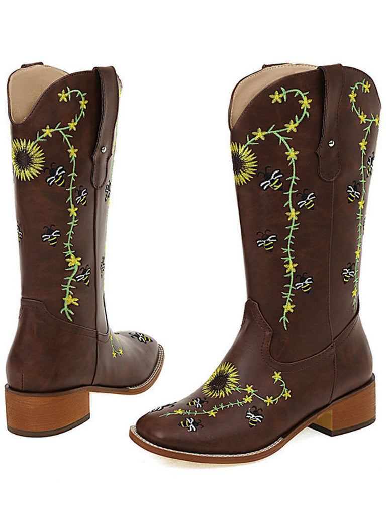 Braun Sonnenblume Besticktes Western Cowgirl Wadenstiefel