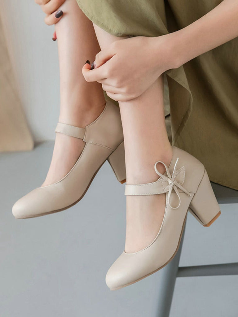Retro Rundspitze Solide Bogen Blockabsatz Schuhe