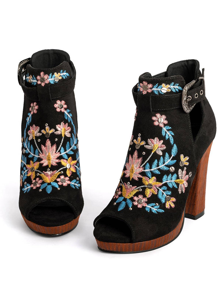 Schwarz Blumen Bestickte Offene Zehenpartie Schuhe