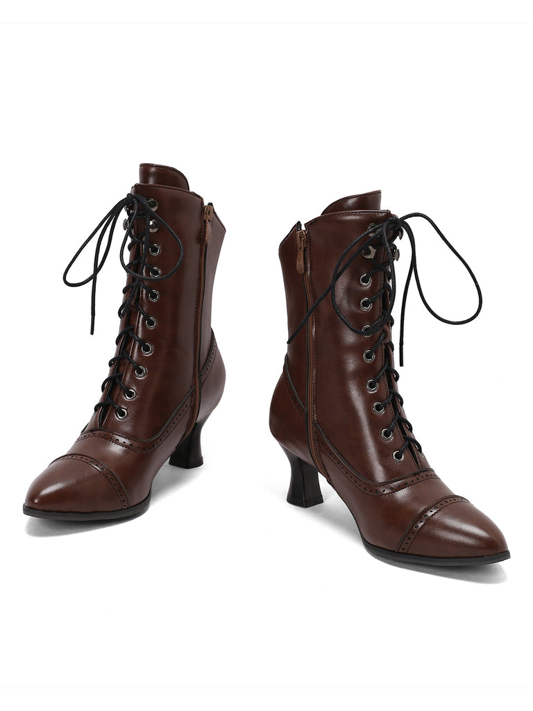 Retro Leder Hohem Absatz Stiefel