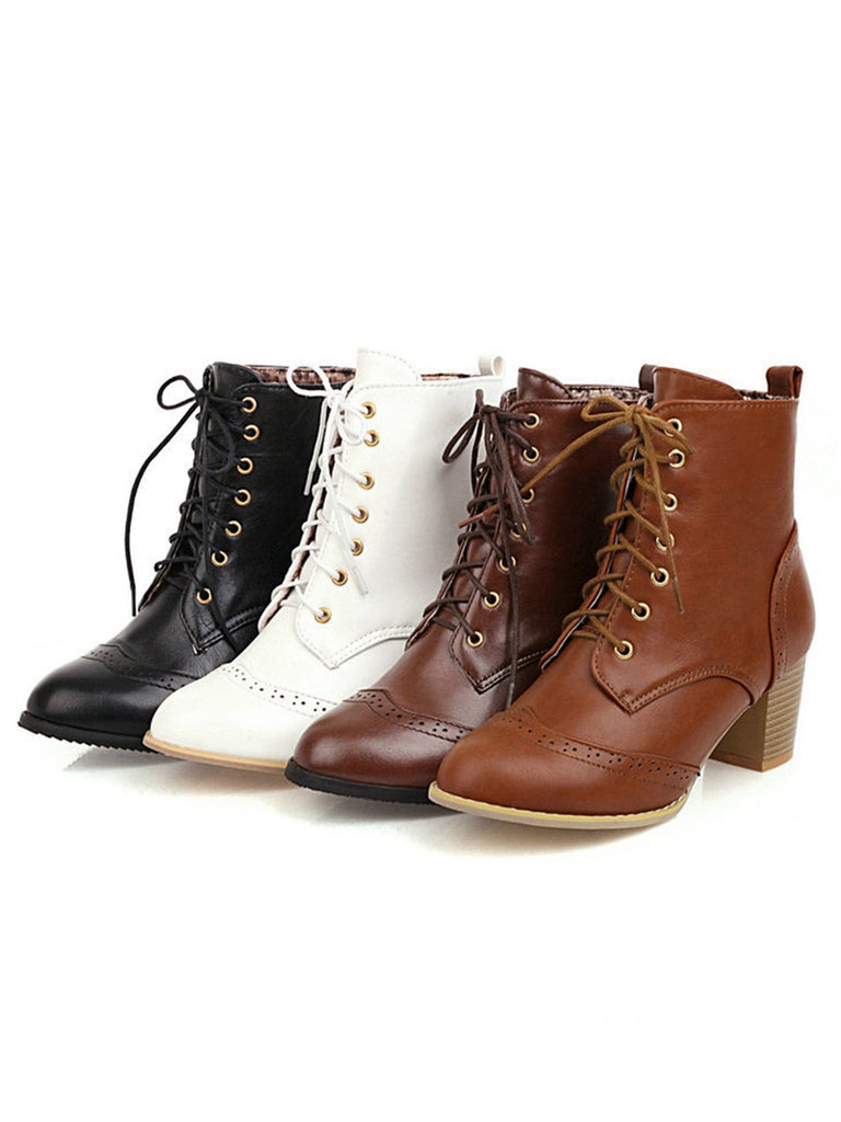 Retro Leder Medium Heel Schnürung Combat Kampfstiefel