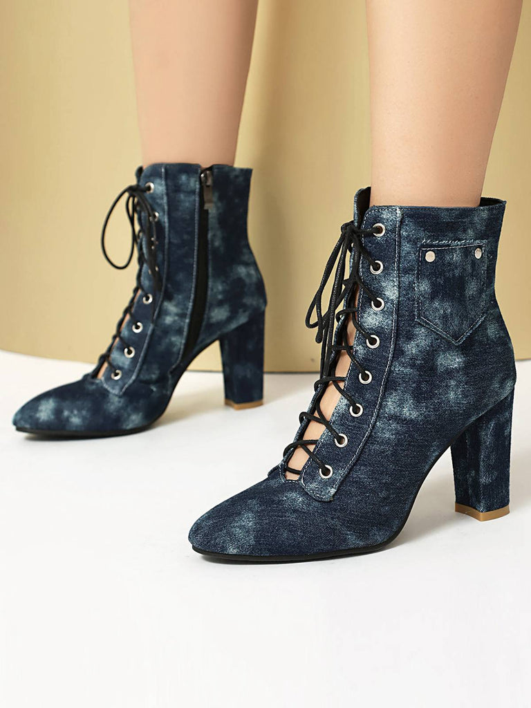 Vintage Denim Schnürung Hohem Absatz Stiefel