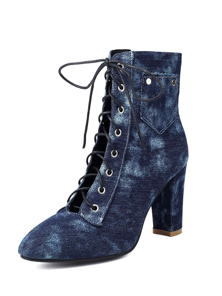 Vintage Denim Schnürung Hohem Absatz Stiefel