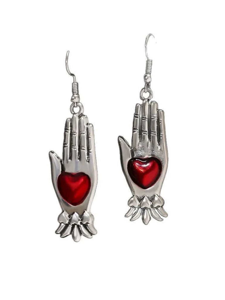 Rot & Silber Vintage Gothic Herz Handschuh Ohrringe