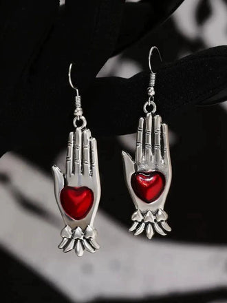 Rot & Silber Vintage Gothic Herz Handschuh Ohrringe