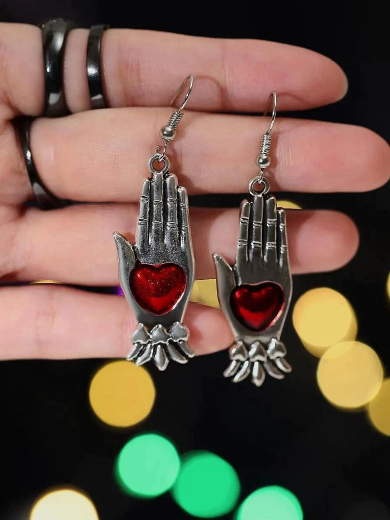 Rot & Silber Vintage Gothic Herz Handschuh Ohrringe