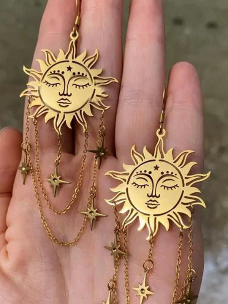 Gold Vintage Sonne Gesicht Kette Tarot Ohrringe