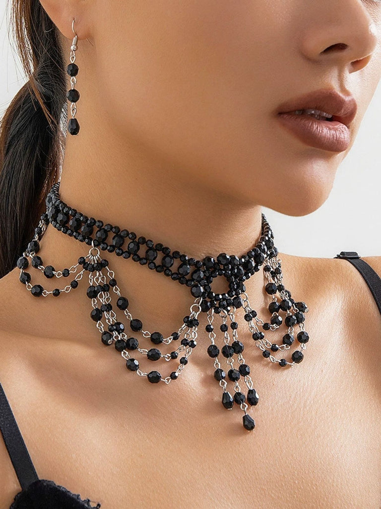 Schwarz Gothic Perlen Kristall Anhänger Halskette & Ohrring Set