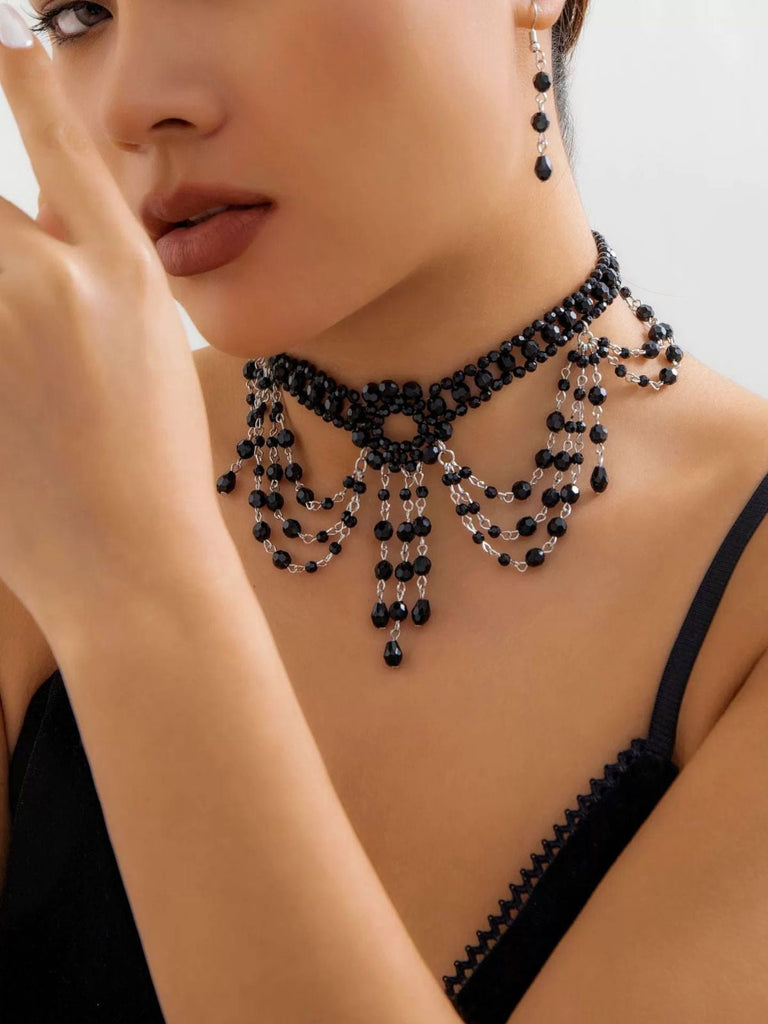 Schwarz Gothic Perlen Kristall Anhänger Halskette & Ohrring Set