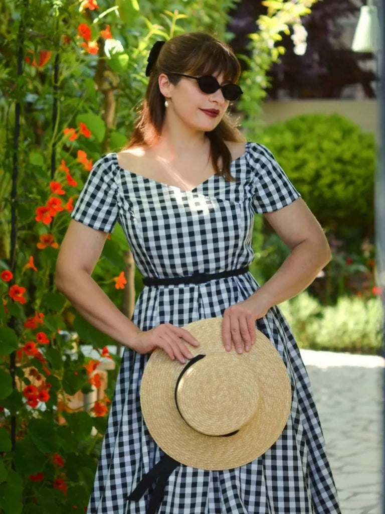 Schwarz 1950er Plaid Schulterfrei V-Ausschnitt Swing Kleid