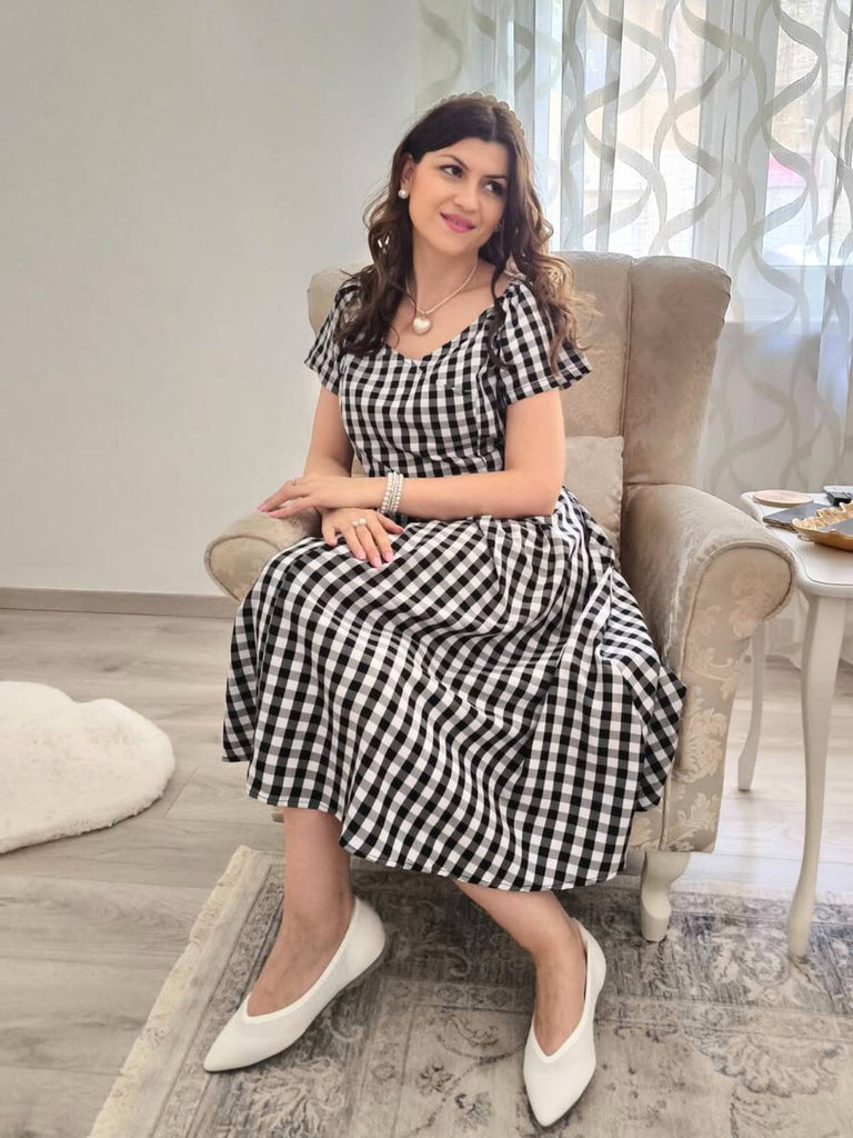 1950ER SCHWARZ PLAID SCHUTERFREI V-AUSSCHNITT SWING KLEID