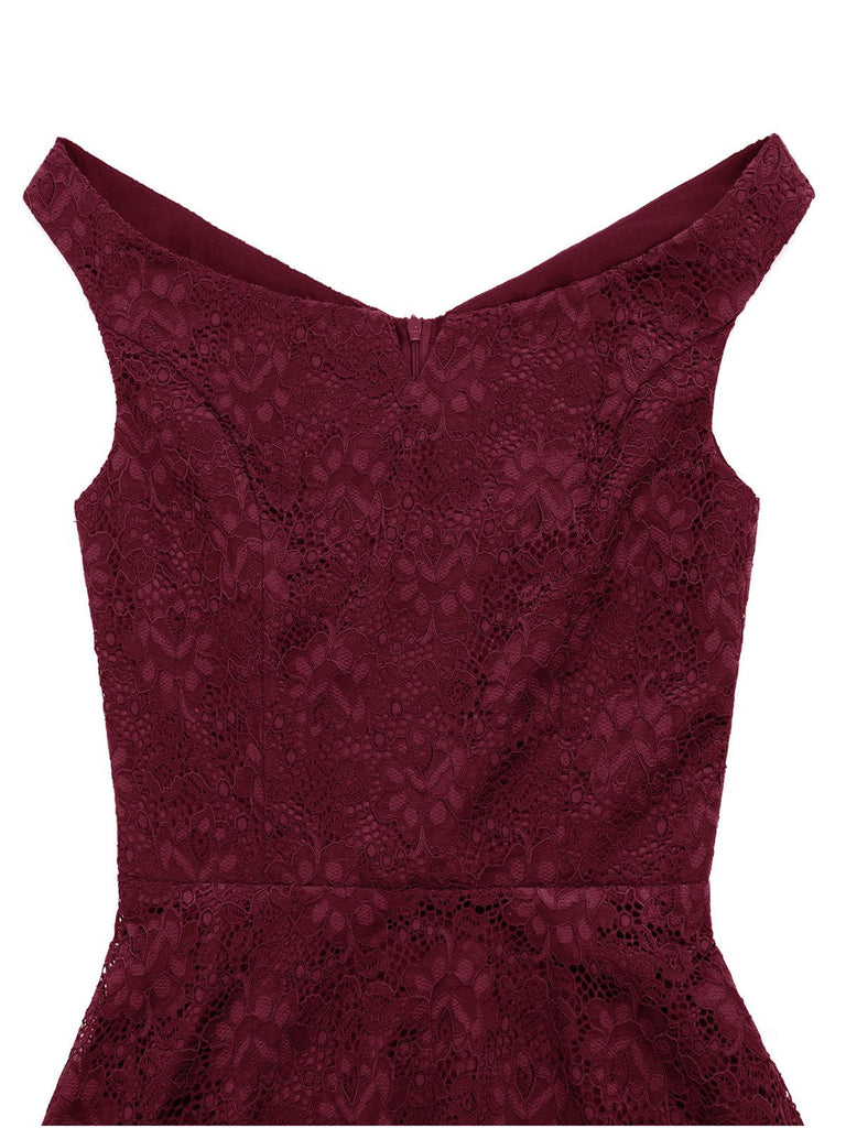 Weinrot 1950er Spitze Blumen Swing Kleid