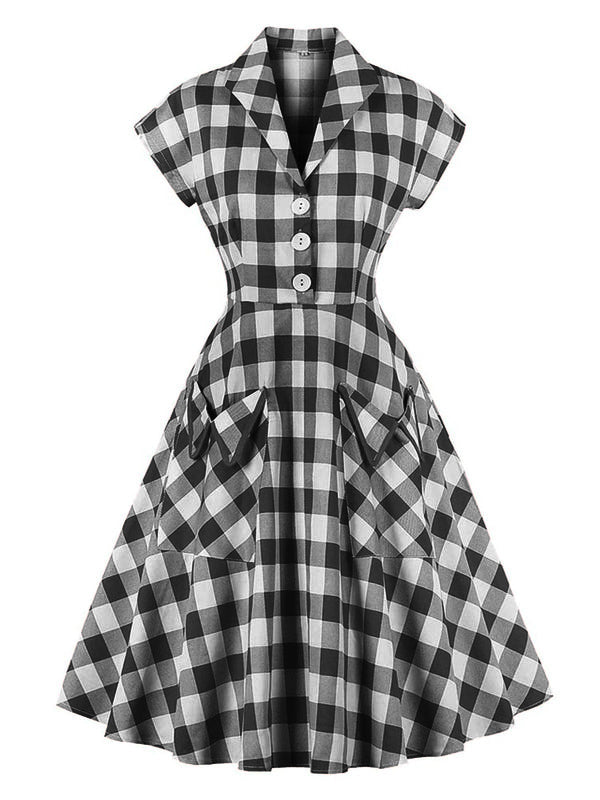 [Vorverkauf] Schwarz 1950er Bluse Kariertes Taschen Swing Kleid