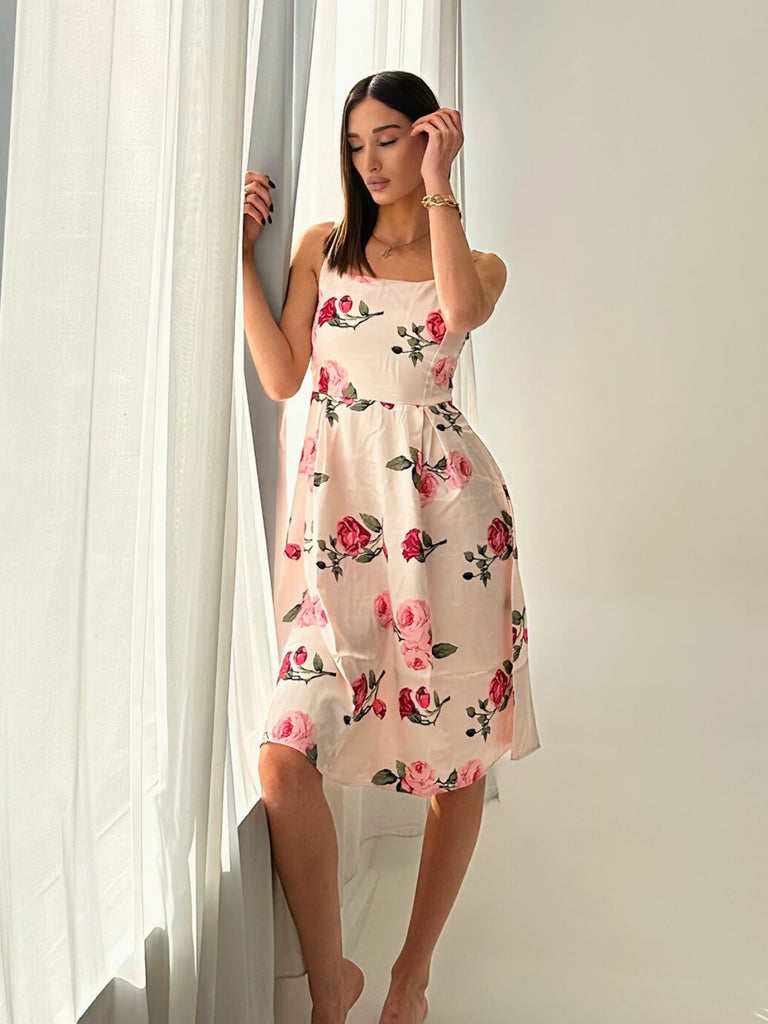 Rosa 1950er Spaghette Blumen Hohe Taille Swing Kleid
