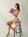 Rosa 1950er Spaghette Blumen Hohe Taille Swing Kleid