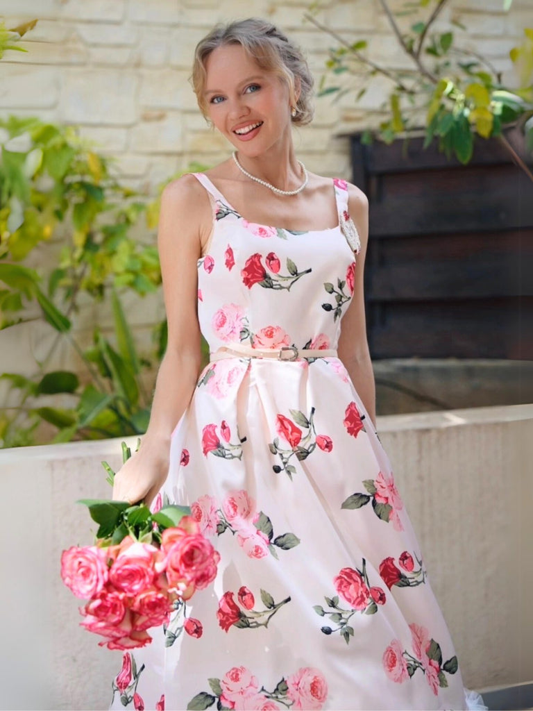 Rosa 1950er Spaghette Blumen Hohe Taille Swing Kleid
