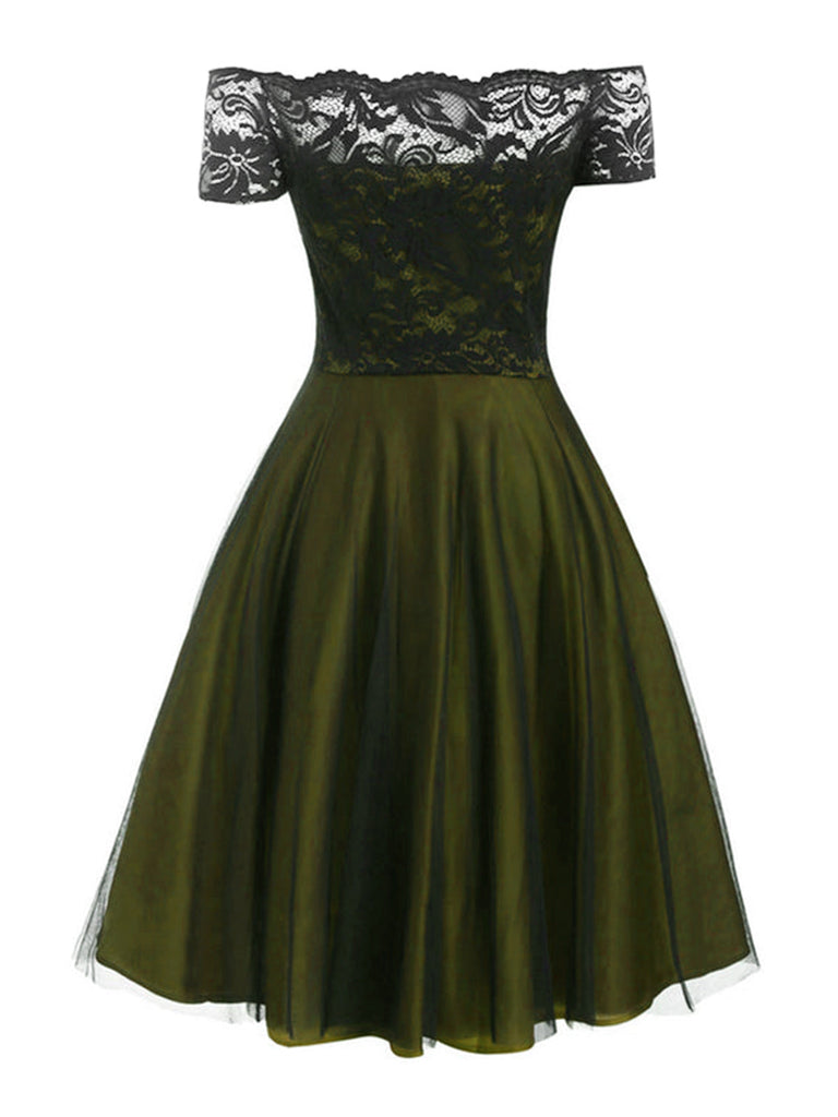 [Vorverkauf] Grün 1950er Schulterfrei Spitze Swing Blumen Kleid