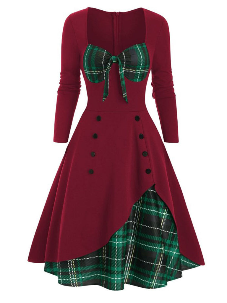 1950ER LANGE ÄRMEL PATCHWORK PLAID KLEID