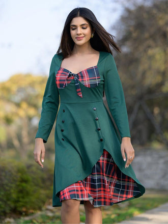 1950ER LANGE ÄRMEL PATCHWORK PLAID KLEID