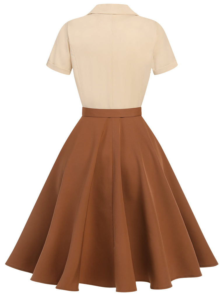 [Vorverkauf] Khaki 1950er Patchwork V-Ausschnitt Kurzarm Swing Kleid