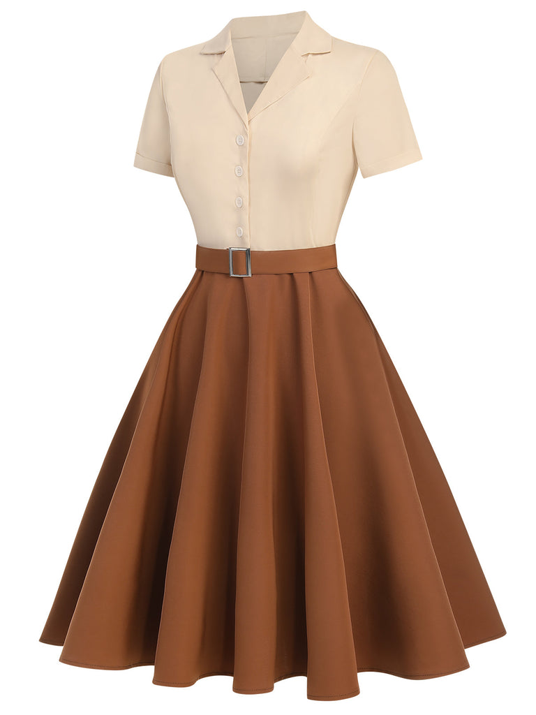 [Vorverkauf] Khaki 1950er Patchwork V-Ausschnitt Kurzarm Swing Kleid