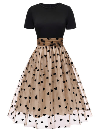 Beige & Schwarz 1950er Patchwork Polka Dots Swing Kleid