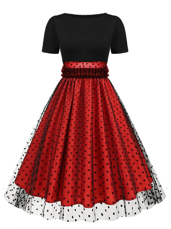 [Vorverkauf] Rot & Schwarz 1950er Patchwork Polka Dots Swing Kleid