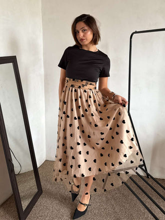 Beige & Schwarz 1950er Patchwork Polka Dots Swing Kleid