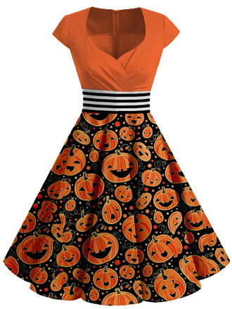 [Übergröße] Orange 1950er Halloween Kürbis Patchwork Swing Kleid