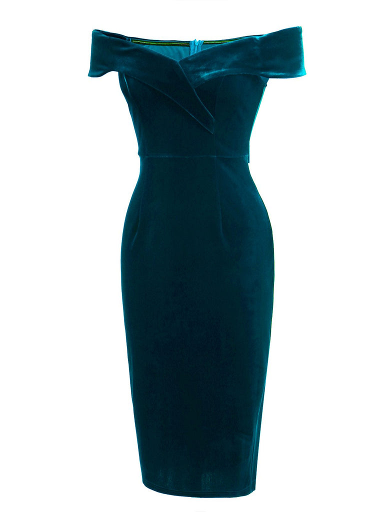 Blau 1960er Schulterfrei Pencil Kleid