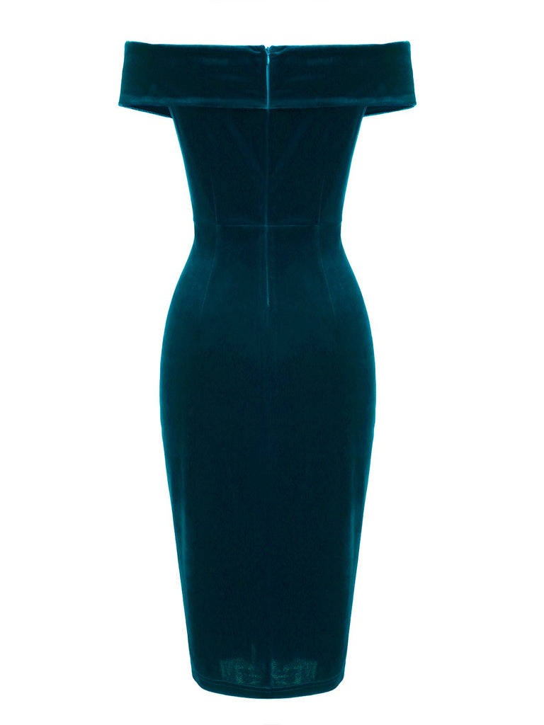 Blau 1960er Schulterfrei Pencil Kleid