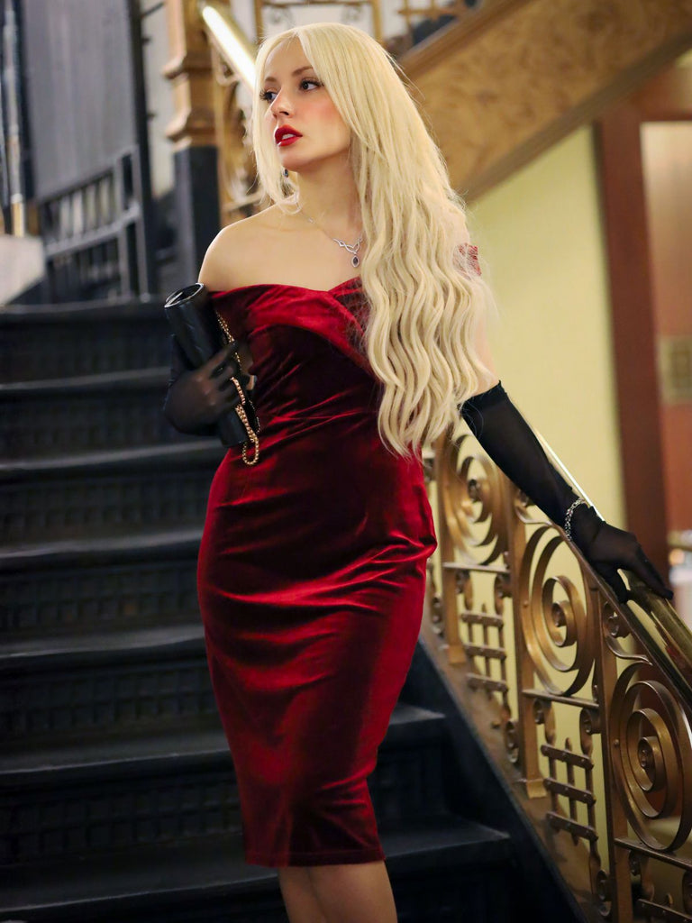 WEINROT SCHULTERFREI PENCIL KLEID