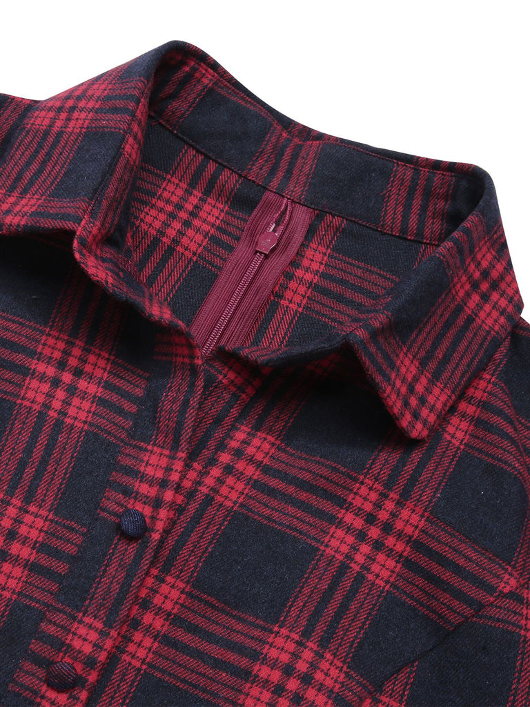 [Vorverkauf] Rot 1950er Plaid Knöpfen Gürtel Kleid