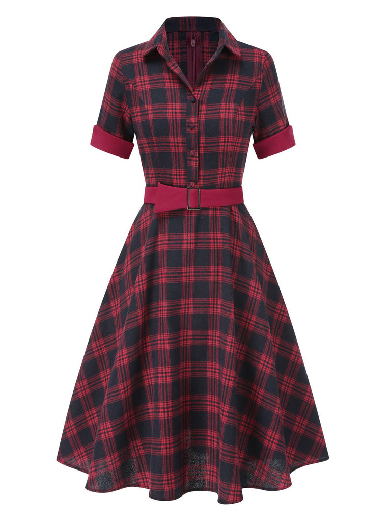 [Vorverkauf] Rot 1950er Plaid Knöpfen Gürtel Kleid