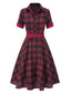 [Vorverkauf] Rot 1950er Plaid Knöpfen Gürtel Kleid