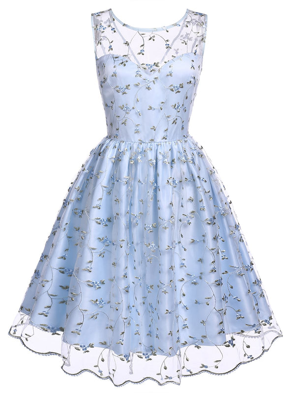 [Vorverkauf] Blau 1950er Spitze Blumen Swing Kleid