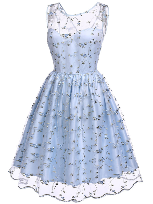 [Vorverkauf] Blau 1950er Spitze Blumen Swing Kleid