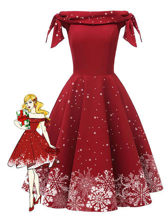 Rot 1950er Weihnachten Schulterfrei Schneeflocke Kleid