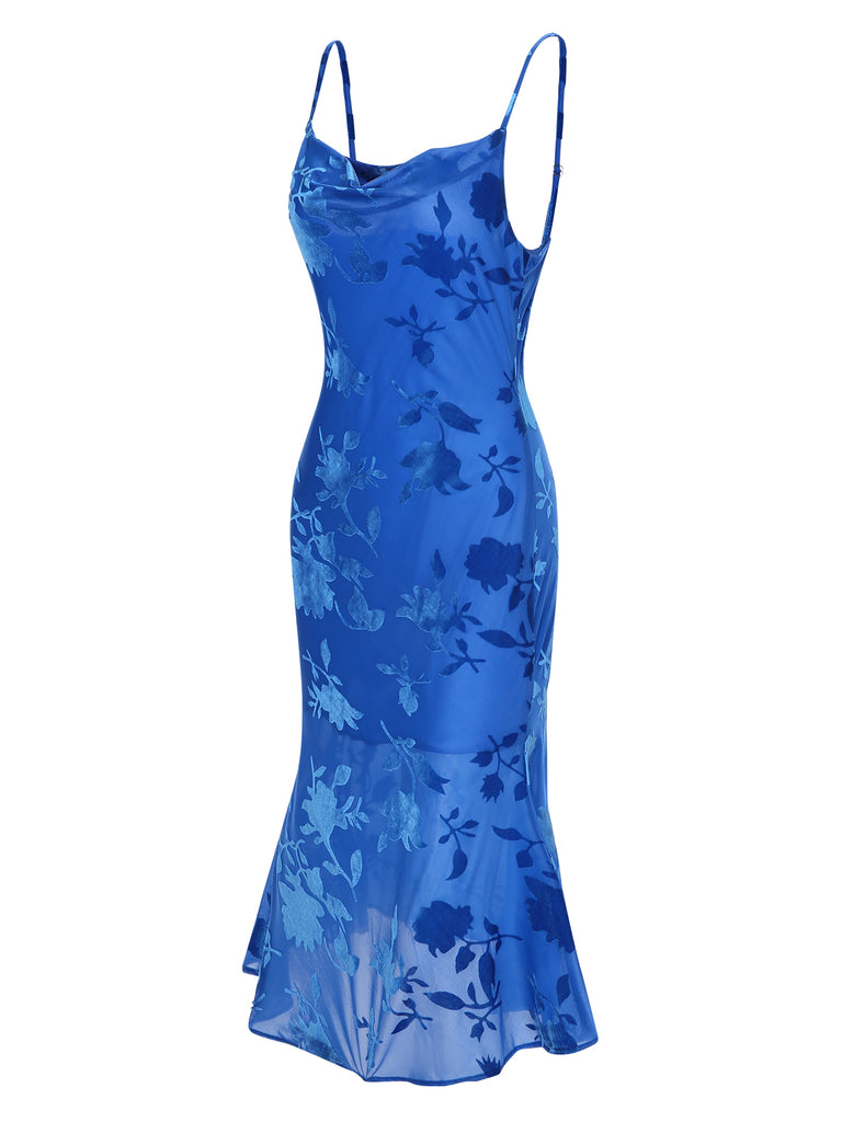 [Vorverkauf] Blau 1960er Spaghetti Träger Blumen Kleid