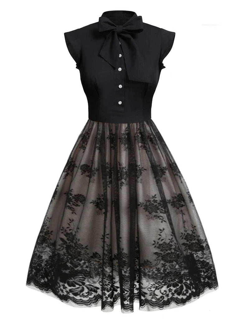 [Vorverkauf] Spitze 1950ER SCHWARZES SCHMETTERLINGS PATCHWORK KLEID