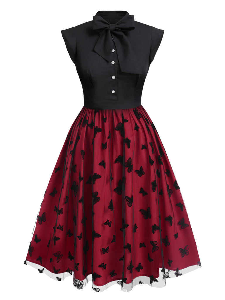 [Vorverkauf] Rot 1950er Schmetterlings Patchwork Kleid