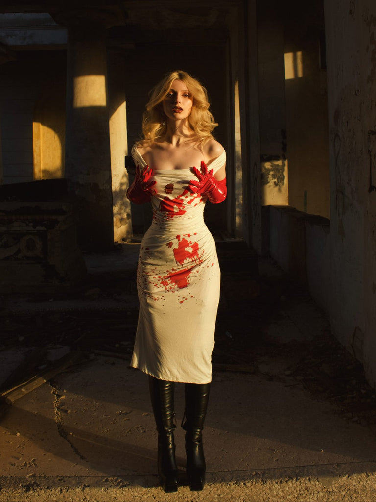 Weiß 1960er Halloween Zombie Braut Blut Bleistiftkleid